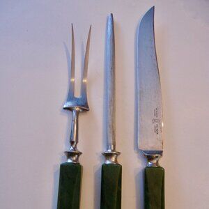 Vintage Malachite Handle Carving Set Wingen Soligen Othello 3-Piece GERMANY
